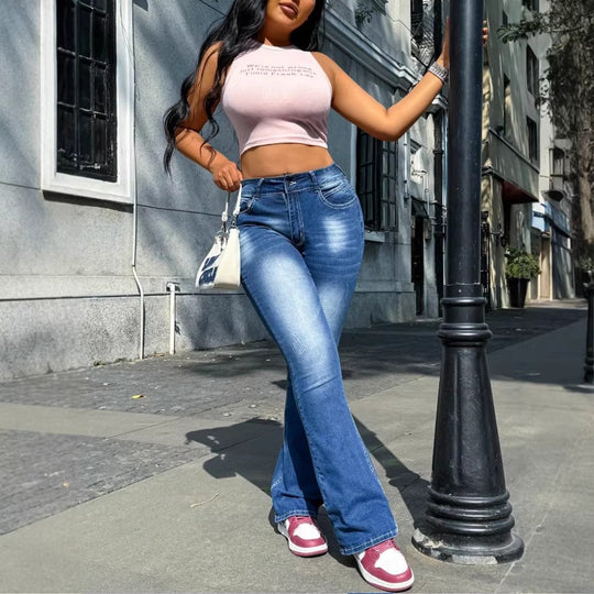 Damen Taillenhohe Schlagjeans im Retro‑Schnitt mit elastischem Taillenpanel und sculptendem Sitz Shop Nory