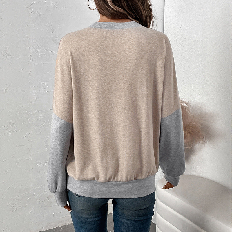 Damen Zweifarbiger Oversize-Langarmpullover mit Kontrastärmeln und V-Naht Shop Nory