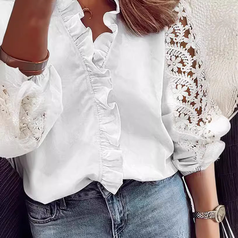 Damen elegante Bluse mit Rüschendetails und Spitzenärmeln