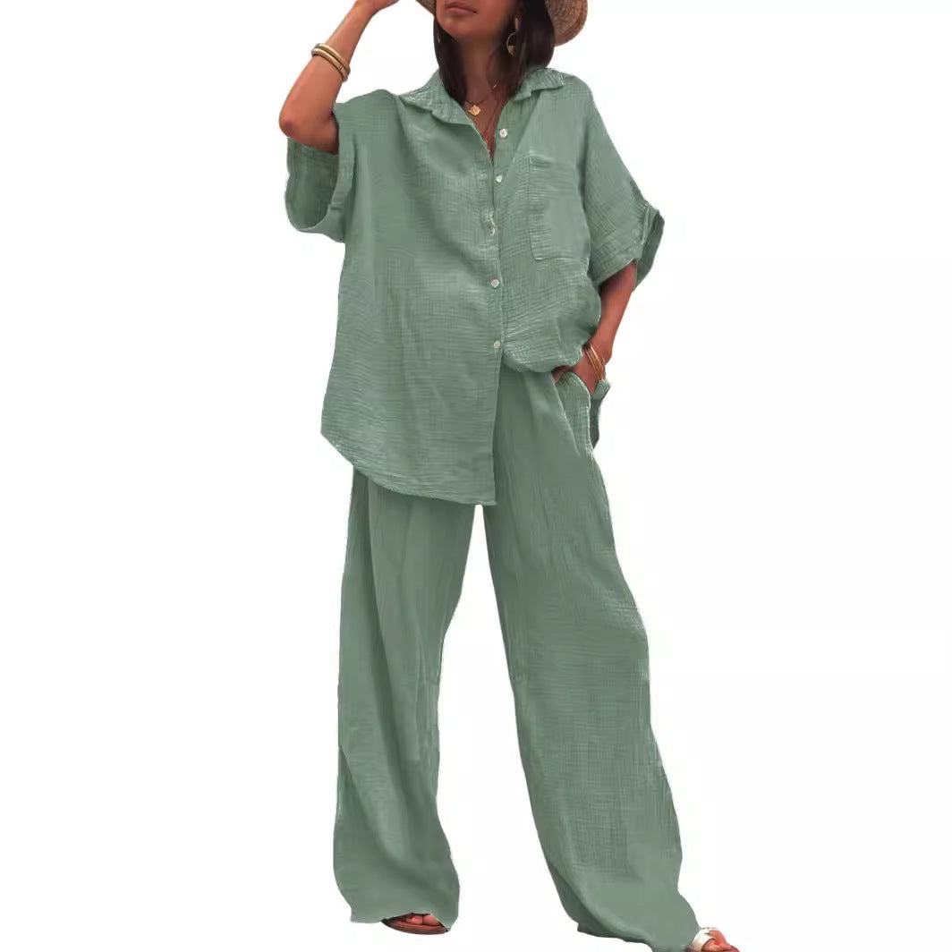 Damen Sommerliches Zweiteiler-Set mit übergroßem Hemd und weiter Hose