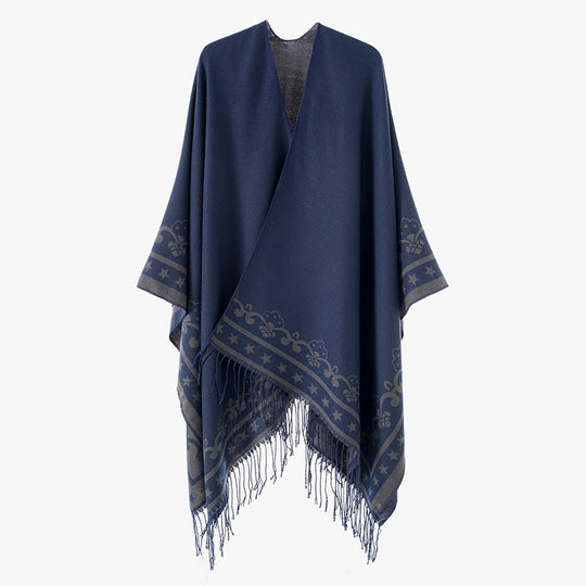 Damen Überwurfponcho aus Wollmix mit dezentem Jacquardbordüren‑Muster und Fransensaum Shop Nory