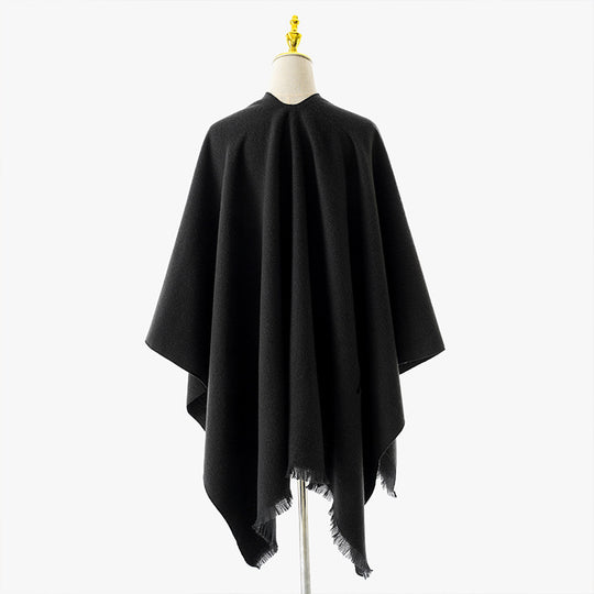Damen Wickelponcho mit Bindegürtel, V-Ausschnitt und Fransensaum Shop Nory