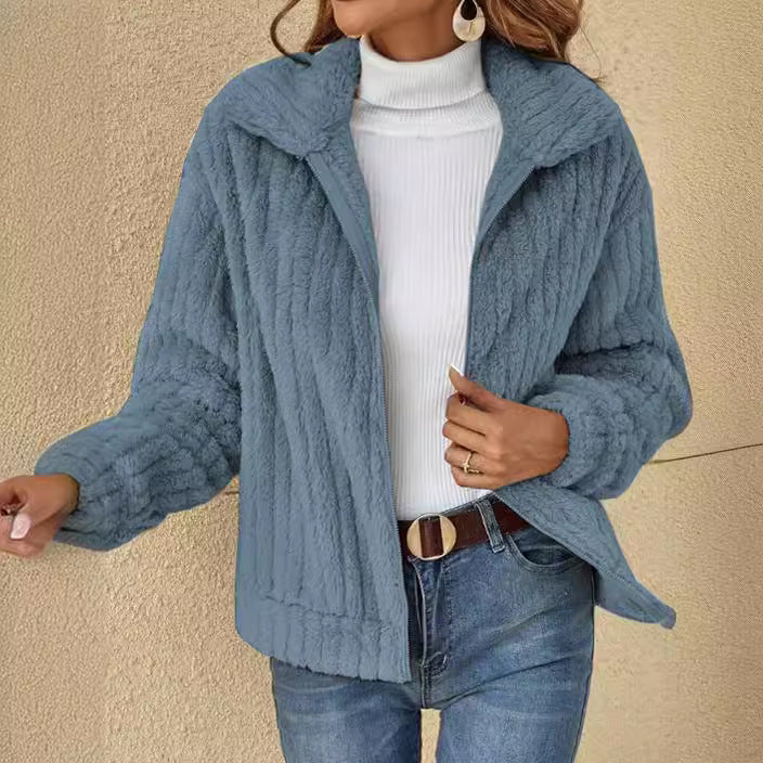 Damen nan kuschelige Teddyjacke mit durchgehendem Reißverschluss, Stehkragen und Eingrifftaschen Shop Nory