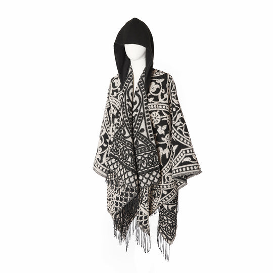 Damen Kapuzen-Ruana aus Wollmix mit Ornament-Jacquard und Fransen Shop Nory