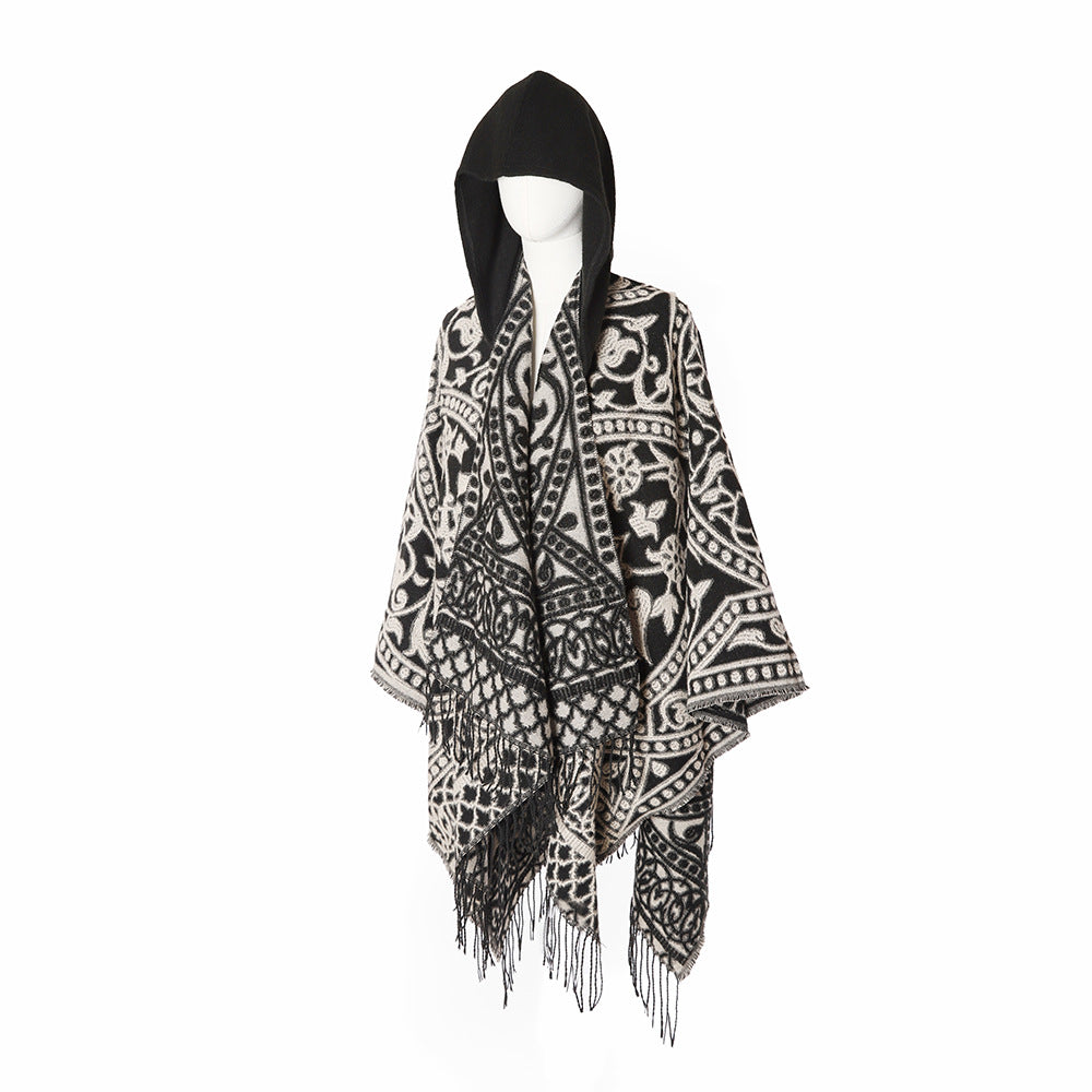 Damen Kapuzen‑Capeponcho aus Wollmix mit Jacquardmuster, Fransen und Oversize‑Fall Shop Nory