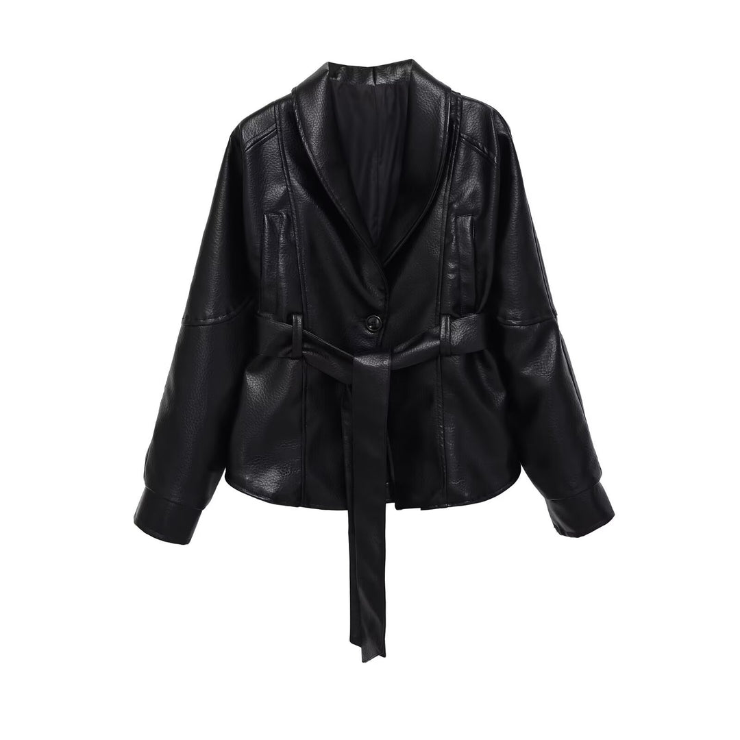 Damen Kurzjacke aus veganer Lederoptik mit Taillengürtel und Schalkragen Shop Nory