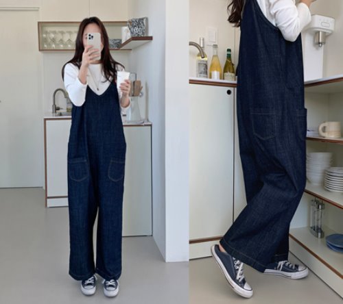 Damen Oversized Denim-Latzhose mit weitem Bein und Eingrifftaschen Shop Nory