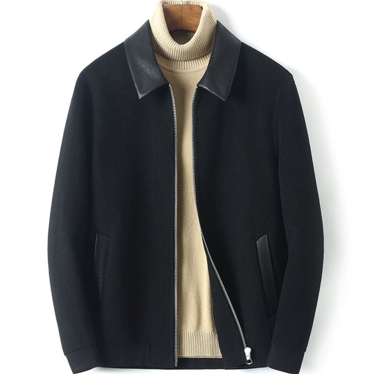 Herren Reißverschluss-Wollmix-Jacke mit Lederkragen und schlanker Silhouette Shop Nory
