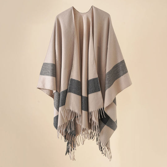 Damen Wollmix-Poncho mit Karomuster und Fransen Shop Nory
