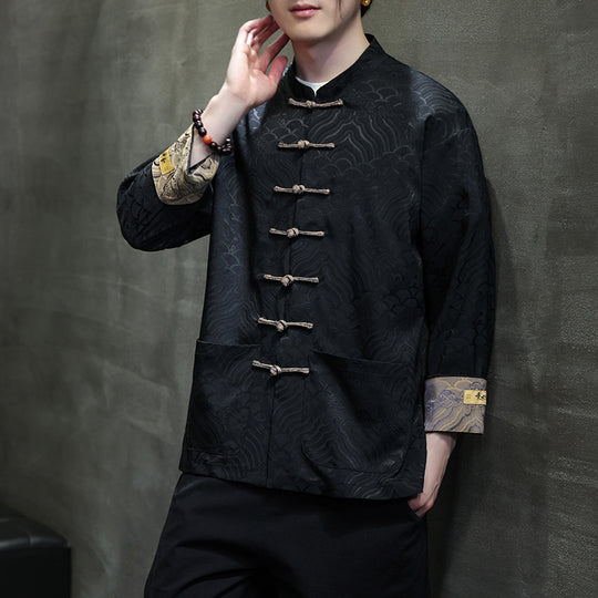 Herren traditionelle Tangjacke mit chinesischem Knotenverschluss und Brokatärmeln Shop Nory