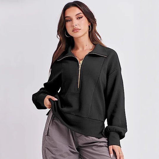 Damen Halb-Zip Kragen Entspannt Sweatshirt Pullover mit Rippbund und -manschetten Shop Nory