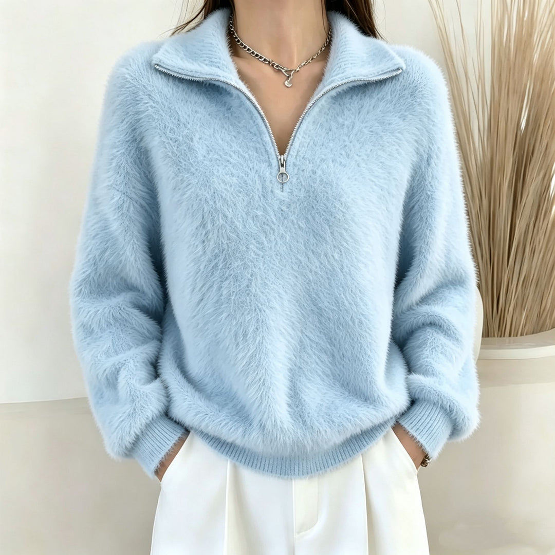 Damen Flauschiger Halbzipp-Pullover mit Stehkragen Shop Nory