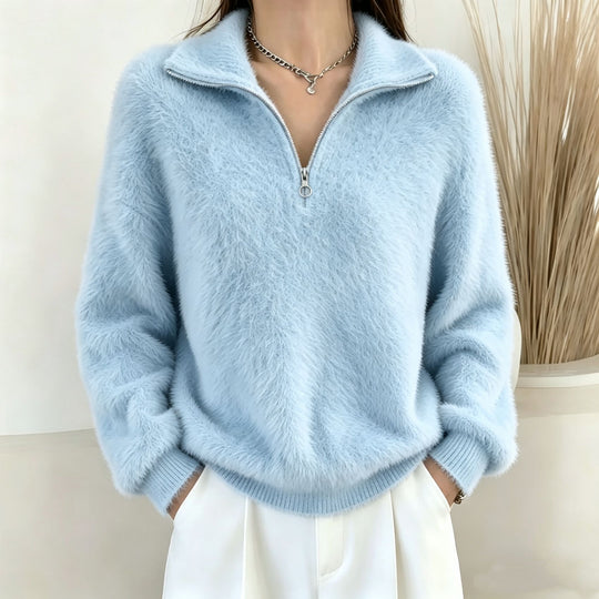 Damen Flauschiger Halbzipp-Pullover mit Stehkragen Shop Nory