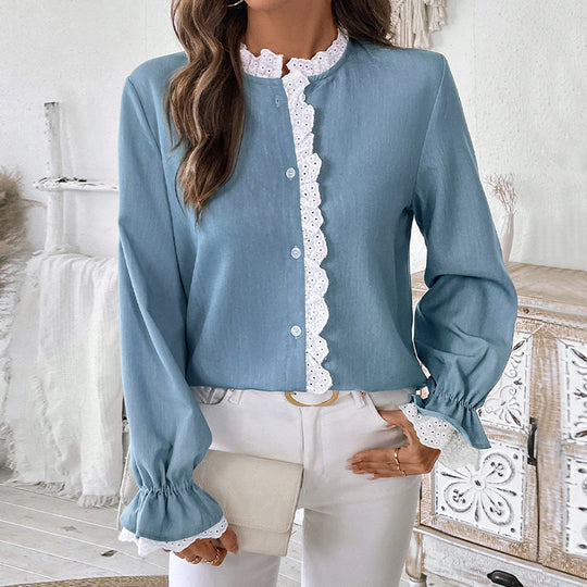Damen Locker fallende Viskose-Bluse mit Spitzenbesatz und Stehkragen Shop Nory