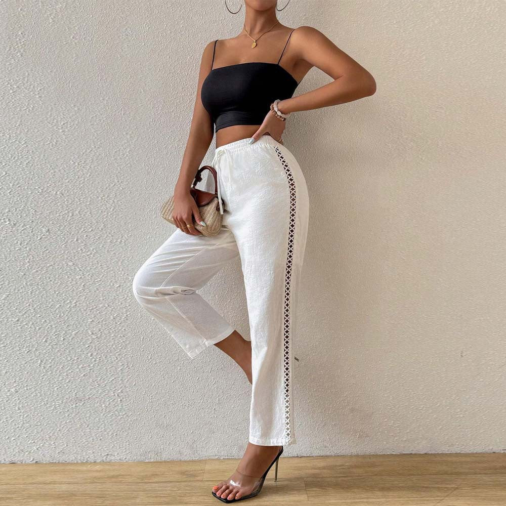 Damen lässige Leinenoptik-Hose mit elastischem Bund, Tunnelzug und seitlicher Spitzeneinsatz Shop Nory