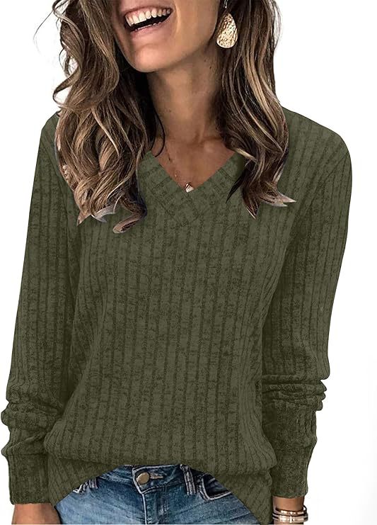 Damen Gerippter V‑Ausschnitt Feinstrickpullover mit lässiger Oversize-Passform Shop Nory