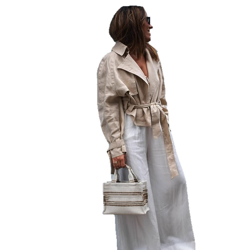 Damen Kurztrench mit Taillen-Knotendetail, Cape-Ärmeln und kastigem Cropped-Schnitt Shop Nory