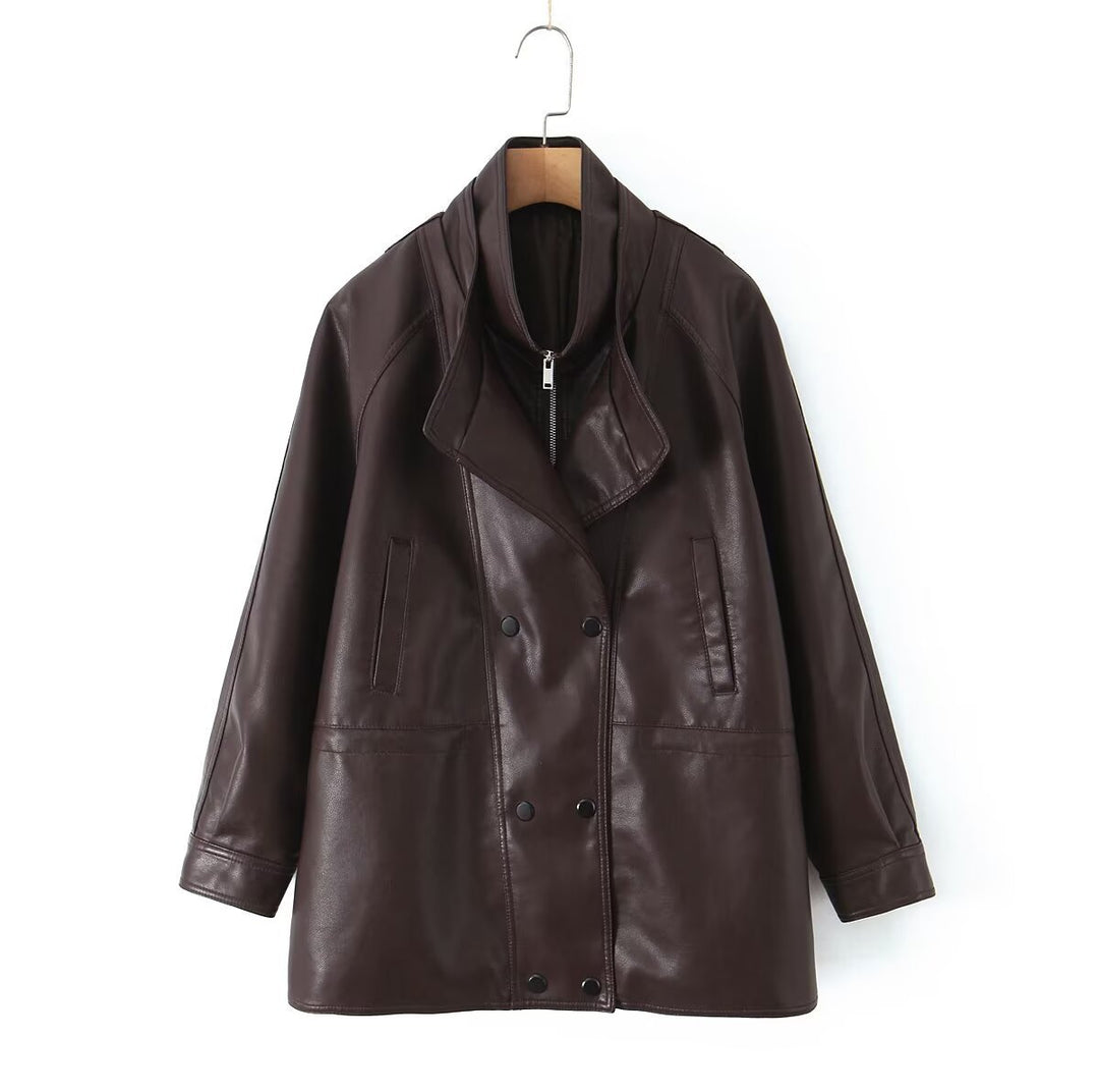Damen Oversized Kunstlederjacke mit hohem Stehkragen und doppelreihiger Knopfleiste Shop Nory