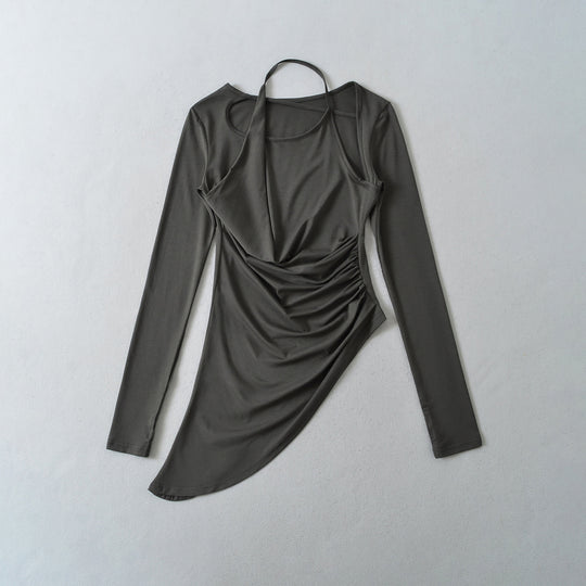 Damen Figurbetontes Langarm-Midikleid mit asymmetrischem Saum, Raffung und Neckholder Shop Nory
