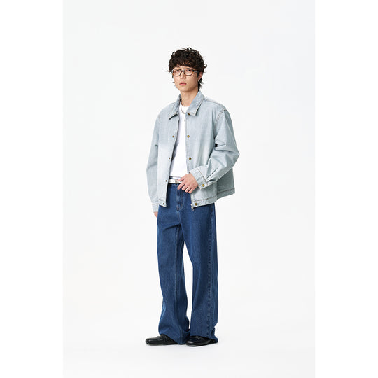 Unisex Gestreifte Oversize-Denimjacke im Worker-Stil mit Stehkragen und Zwei-Wege-Reißverschluss Shop Nory