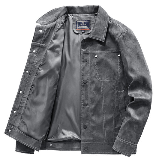 Herren Wildleder-Truckerjacke mit Druckknöpfen und Kontrastnähten Shop Nory