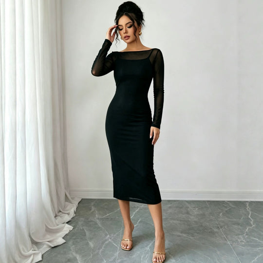 Damen Figurbetontes Etuikleid mit transparenten Mesh-Ärmeln Shop Nory