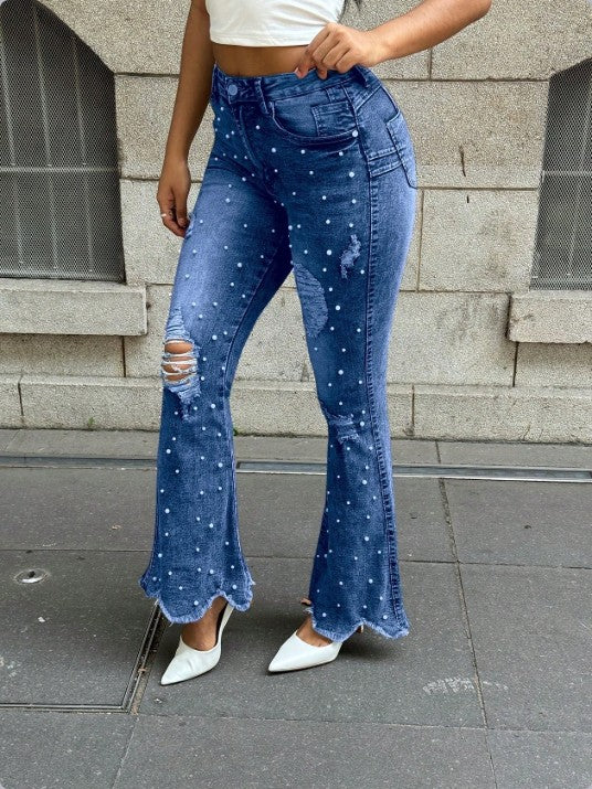 Damen Hochtaillierte Schlagjeans mit Perlenapplikation, Destroyed-Effekten und fransigem Saum Shop Nory