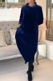 Damen Elegantes Samt Maxi Kleid mit Hohem Rollkragen, Seitentaschen und Lockere Silhouette Shop Nory