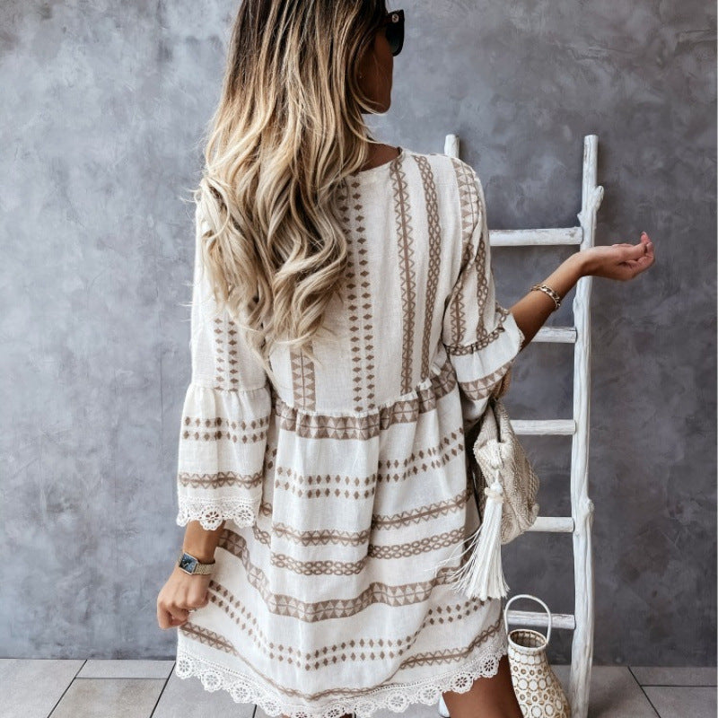 Damen Bohemian-Stil Schlagärmel Mini Kleid