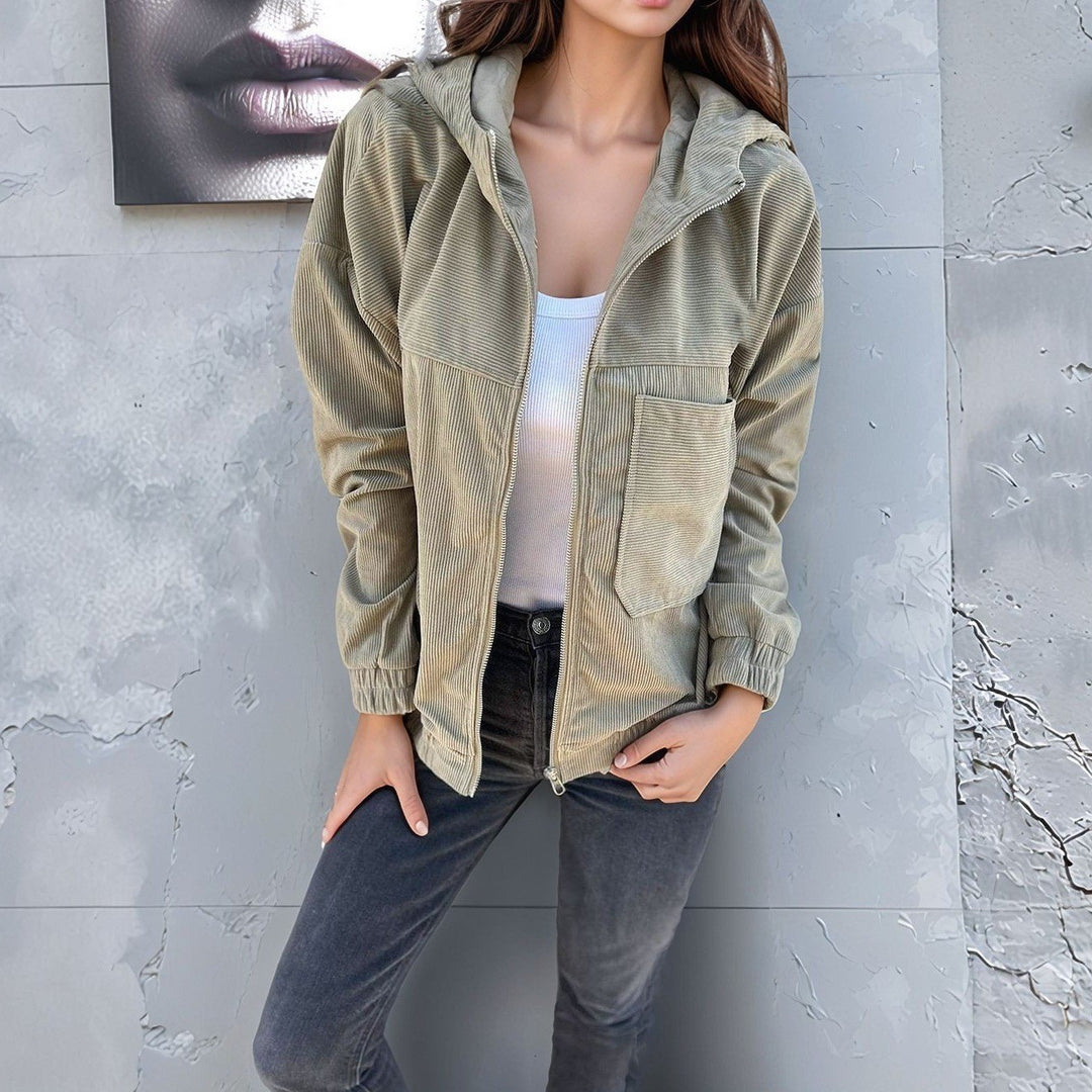 Damen Cord-Zipjacke mit Kapuze, Rippstruktur und Eingrifftaschen Shop Nory