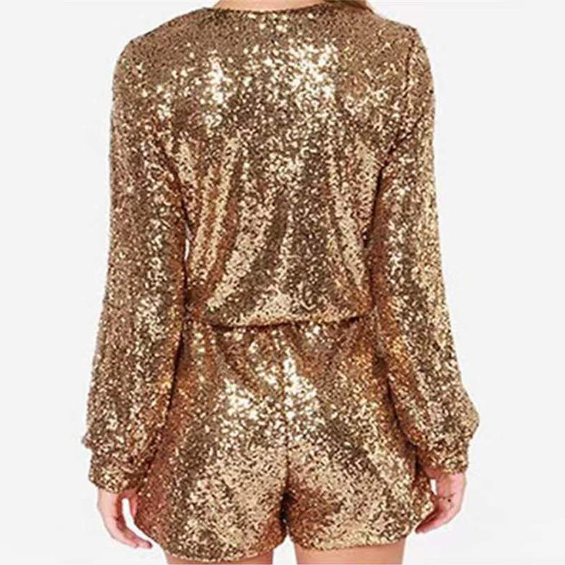 Damen Kurzer Pailletten-Jumpsuit Langarm mit V-Ausschnitt