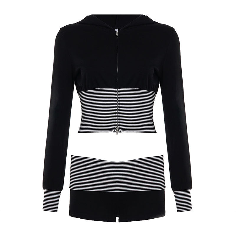 Damen nan kurz geschnittenes Lounge-Set mit Kapuzen-Cropped-Zip und gestreiften Highwaist-Shorts Shop Nory