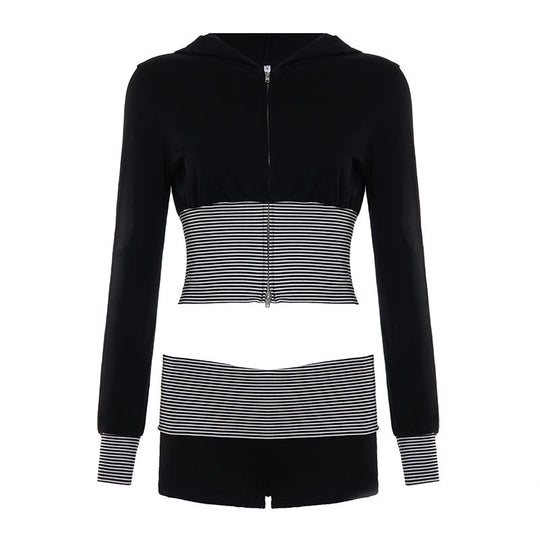 Damen nan kurz geschnittenes Lounge-Set mit Kapuzen-Cropped-Zip und gestreiften Highwaist-Shorts Shop Nory