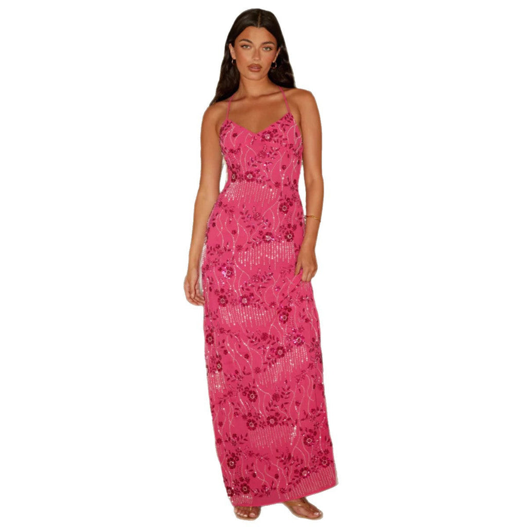 Damen Elegantes Maxikleid mit verführerischem V-Ausschnitt und funkelnden Applikationen Shopnory