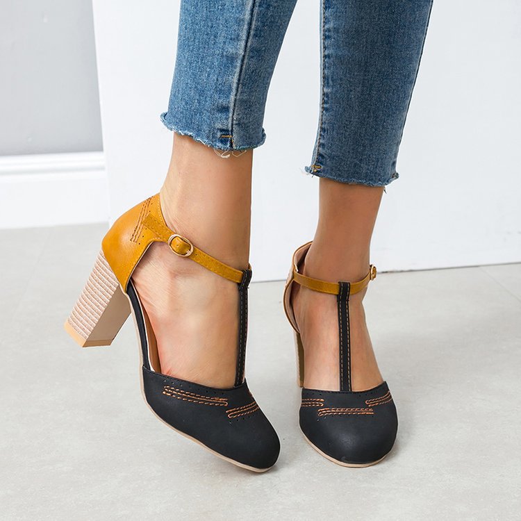 Damen T‑Strap Pumps mit mittelhohem Blockabsatz und dekorativer Ziernaht Shop Nory