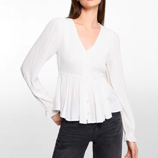 Damen Schößchenbluse aus strukturiertem Viskosegewebe mit V‑Ausschnitt und Knopfleiste Shop Nory