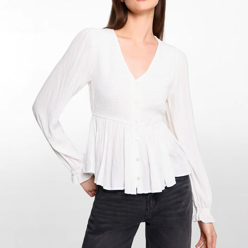 Damen Schößchenbluse aus strukturiertem Viskosegewebe mit V‑Ausschnitt und Knopfleiste Shop Nory