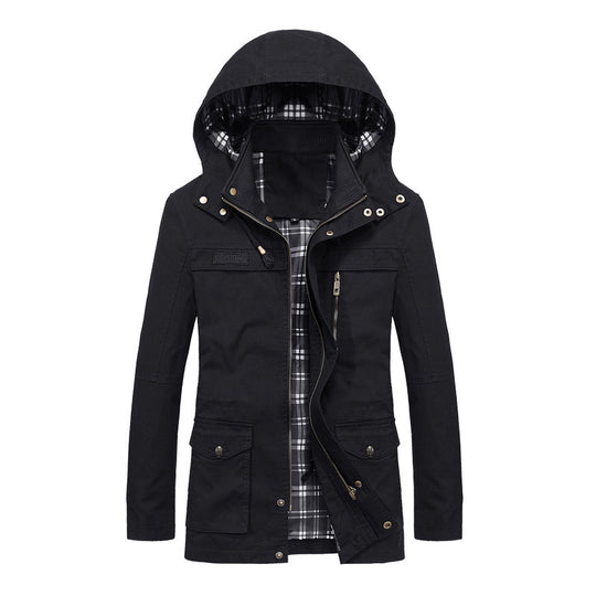 Herren Canvas-Fieldparka mit Kapuze, kariertem Innenfutter und Multifunktionstaschen Shop Nory