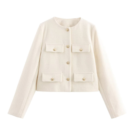 Damen Kurze Bouclé-Blazerjacke mit Rundhalsausschnitt, Zierleistentaschen und goldfarbenen Knöpfen Shop Nory