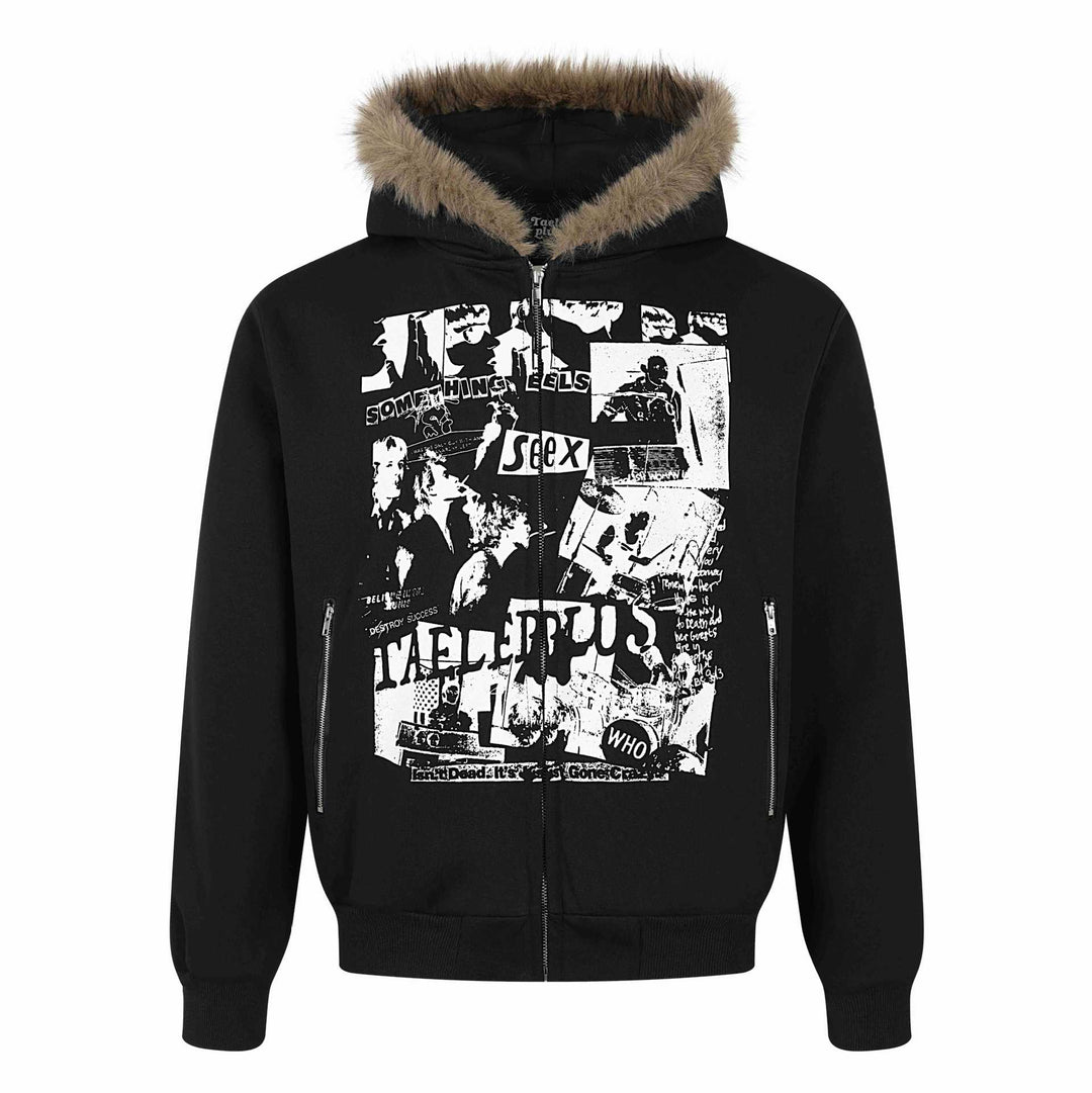 Damen Kapuzen‑Sweatjacke mit Kunstfellbesatz, Frontzip und Collage‑Print Shop Nory