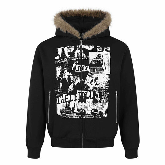 Damen Kapuzen‑Sweatjacke mit Kunstfellbesatz, Frontzip und Collage‑Print Shop Nory