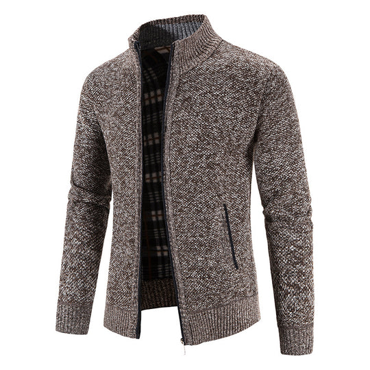Herren Strickjacke mit durchgehendem Reißverschluss, Stehkragen und kariertem Futter Shop Nory