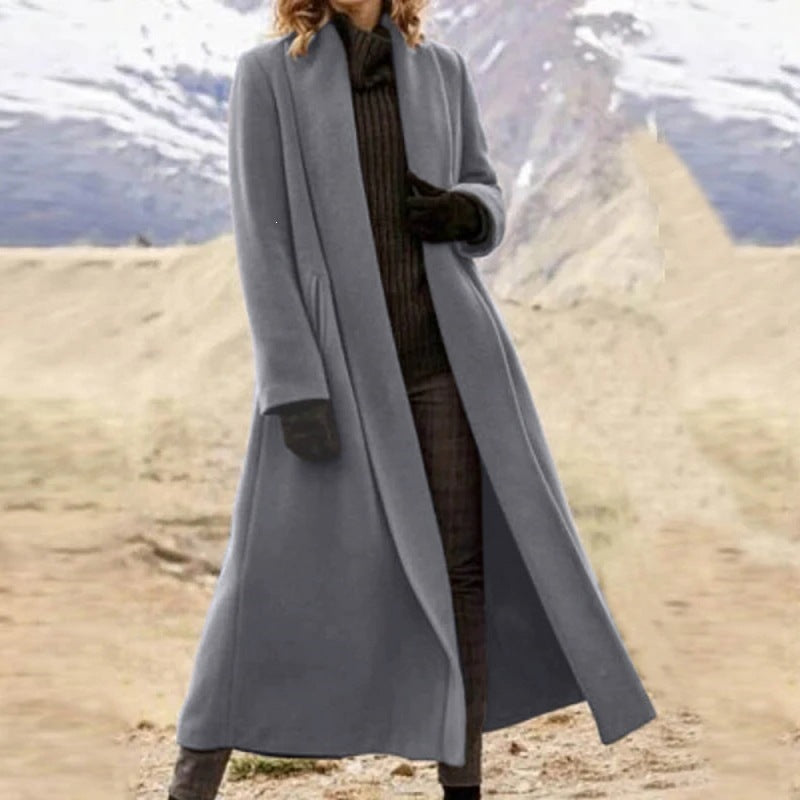 Damen eleganter langer Wollmix-Mantel mit offenem Fall und seitlichen Eingrifftaschen Shop Nory