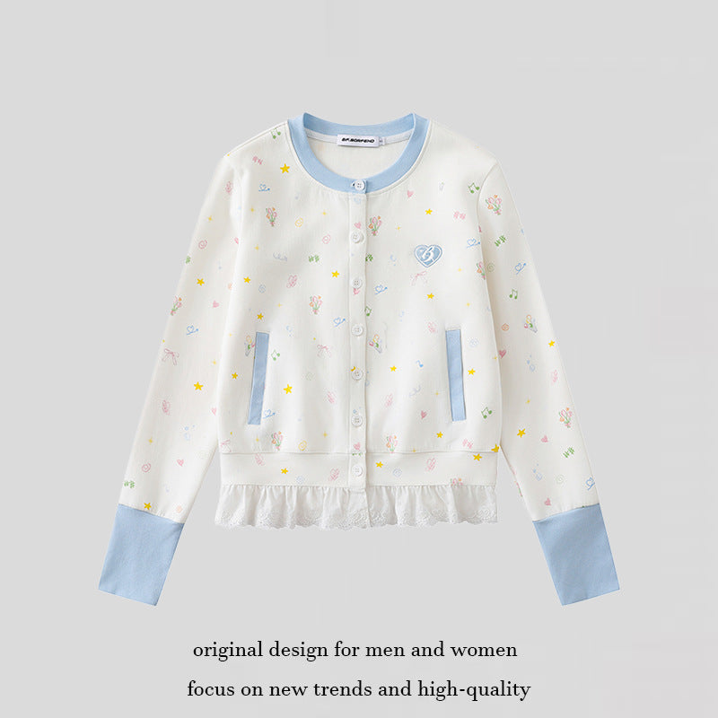 Damen Knopfleisten-Cardigan mit Spitzenvolant, pastelligem Allover-Print und Kontrastbündchen Shop Nory