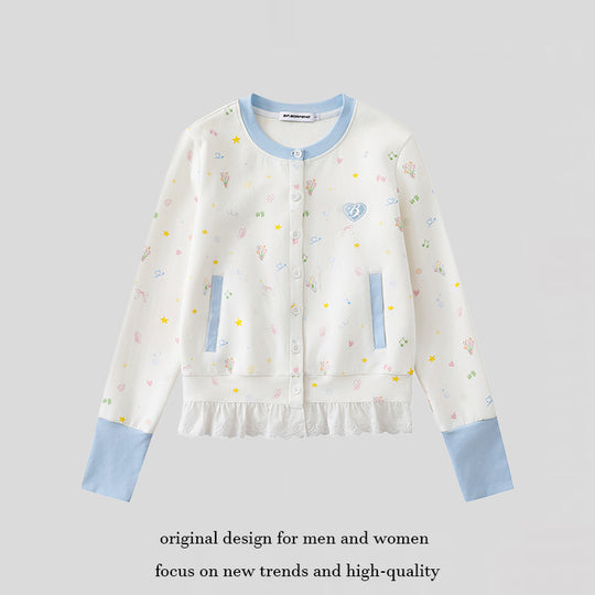 Damen Knopfleisten-Cardigan mit Spitzenvolant, pastelligem Allover-Print und Kontrastbündchen Shop Nory