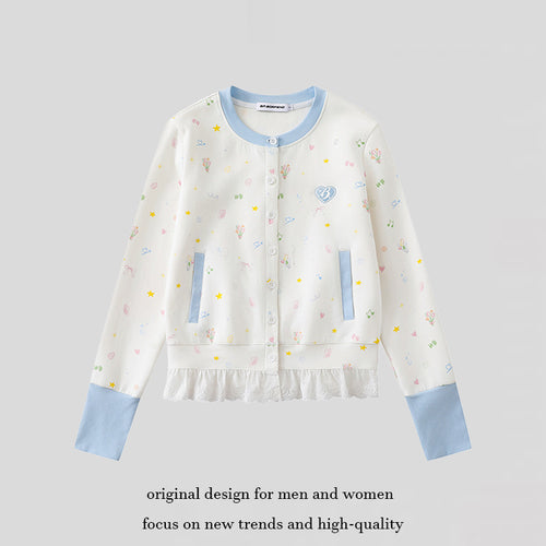 Damen Knopfleisten-Cardigan mit Spitzenvolant, pastelligem Allover-Print und Kontrastbündchen Shop Nory
