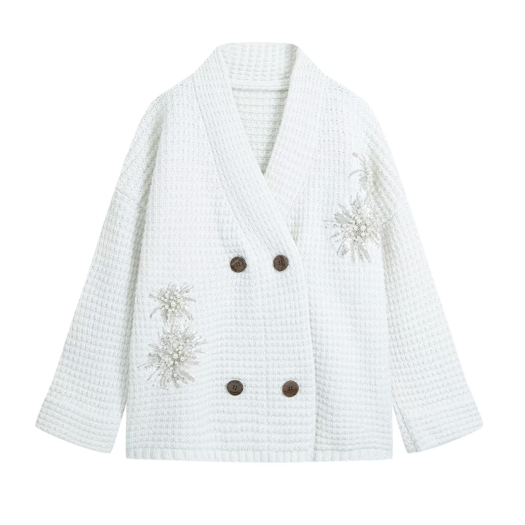 Damen Waffel-Strick-Cardigan mit doppelreihiger Knopfleiste und Schmuckapplikation Shop Nory