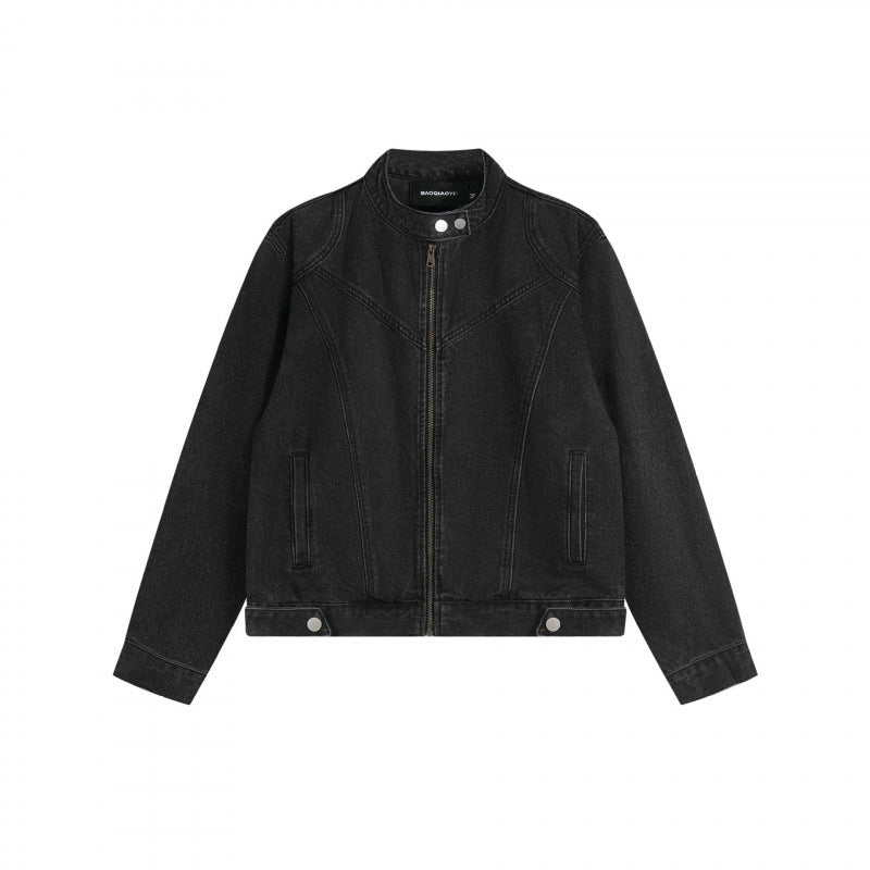 Unisex Kurz geschnittene kastige Denim-Blousonjacke mit Stehkragen, Metallreißverschluss und verstellbaren Saumriegeln Shop Nory