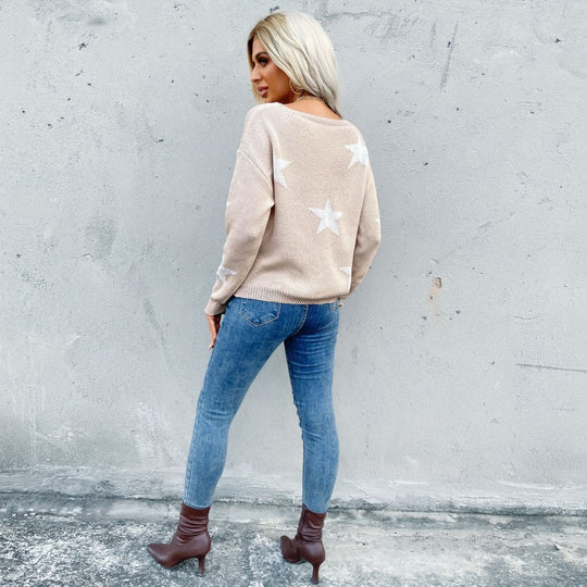 Damen Oversize-Strickpullover mit Sternen-Jacquard, Rundhalsausschnitt und Used-Effekt-Saum Shop Nory