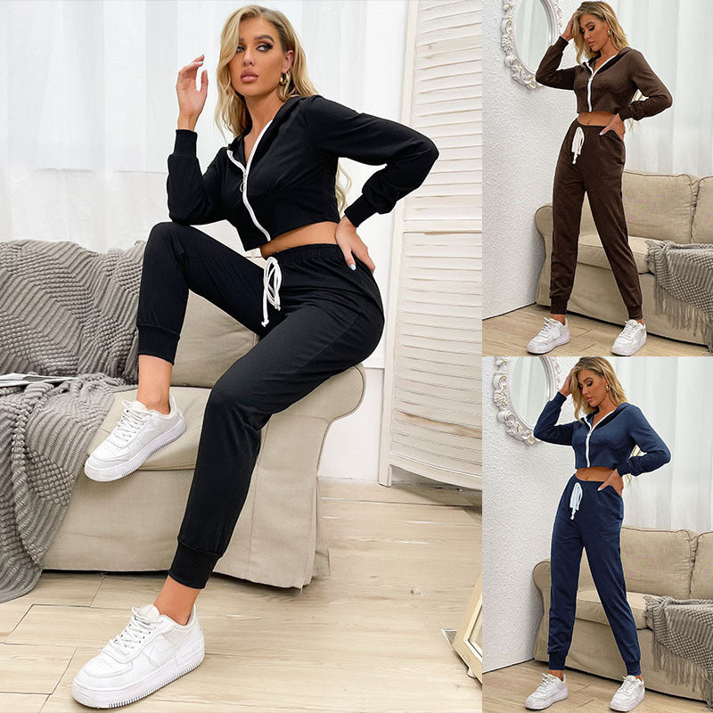 Damen Zweiteiliger Velours-Jogginganzug mit Cropped-Kapuze und Tunnelzughose Shop Nory
